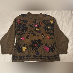Vintage Chunky Knit Floral Patterned Brown Sweater sz M